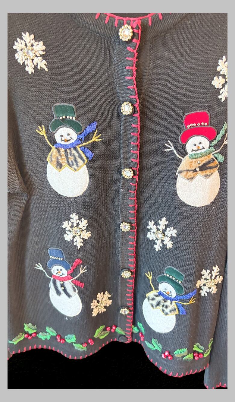 B.D. Design Women’s Large Christmas Cardigan Snowman Jeweled Embellished Black